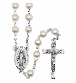 6mm Pearl Bead Rosary with Crucifix and Miraculous Center