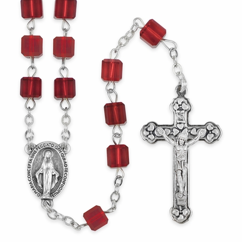 6mm Red Square Glass Bead Rosary with Crucifix and Miraculous Center