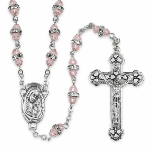 6mm Rose Crystal Glass Beads Rosary with Crucifix and Madonna Center