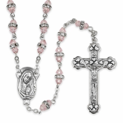 6mm Rose Crystal Glass Beads Rosary with Crucifix and Madonna Center