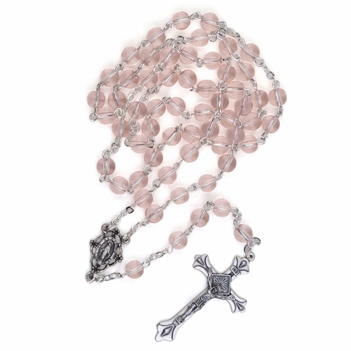6mm Rose Glass Bead Rosary with Crucifix and Miraculous Center
