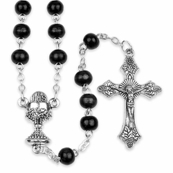 6mm Round Black Wood Bead Rosary with Crucifix and Chalice Center