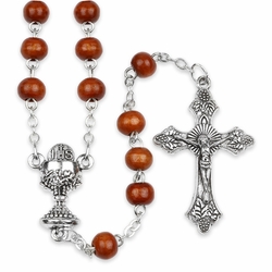 6mm Round Brown Wood Bead Rosary with Crucifix and Chalice Center