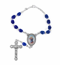 6mm Sapphire Blue Glass Beads Auto Rosary with Crucifix and St. Christopher Center
