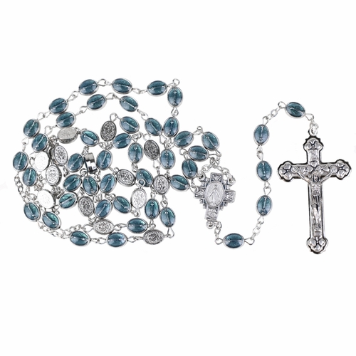 6mm Sapphire Glass Miraculous Bead Rosary with Crucifix and Miraculous Center