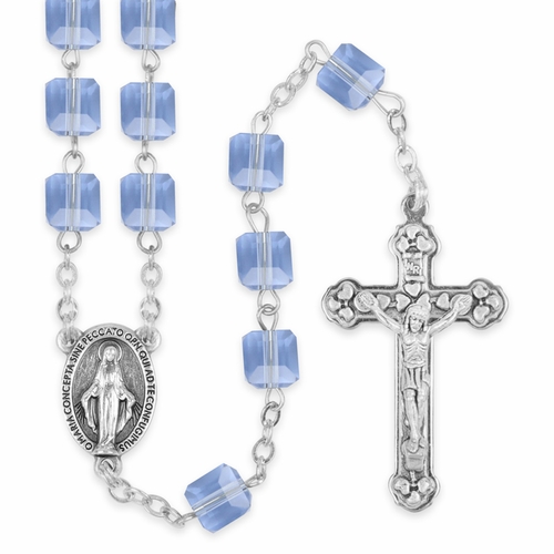 6mm Sapphire Square Glass Bead Rosary with Crucifix and Miraculous Center
