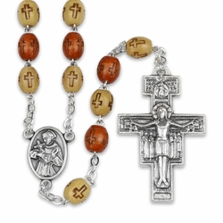 6mm Wood Bead Franciscan Rosary with Crucifix and St. Francis Center
