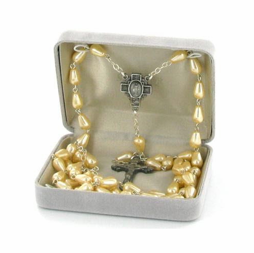 6x 8mm  Mother Of Pearl Tear Drop Beads Rosary Necklace and Miraculous Cross Shaped Center