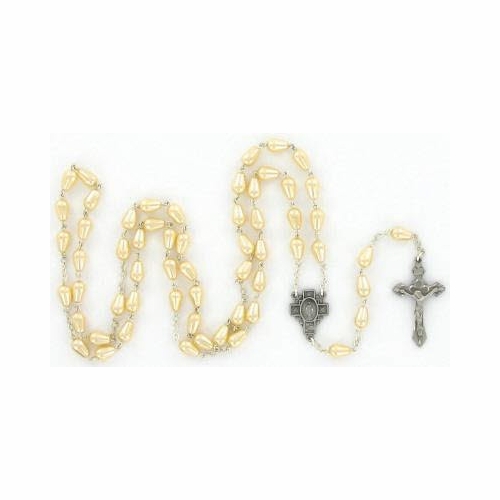 6x 8mm  Mother Of Pearl Tear Drop Beads Rosary Necklace and Miraculous Cross Shaped Center