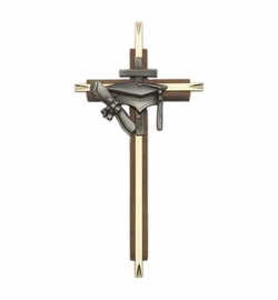 7 1/2" Walnut/Engrave Brass Cross with Fine Pewter Casting