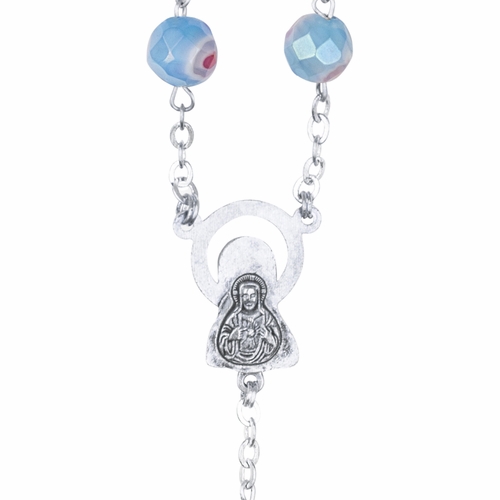 7-1/2mm Hand-Painted Aqua Flower Glass Bead Rosary with Crucifix and Madonna Center