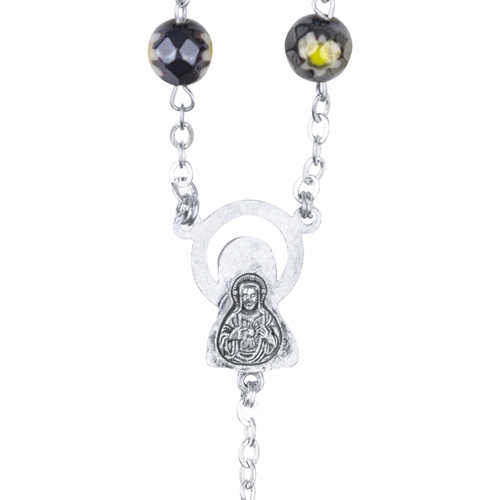 7-1/2mm Hand-Painted Black Flower Glass Bead Rosary with Crucifix and Madonna Center