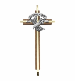 7-1/8 Inch Brass and Wood "Confirmed in Christ" Centered Dove Confirmation Wall Cross