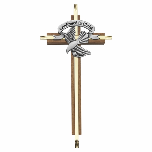 7-1/8 Inch Brass and Wood "Confirmed in Christ" Centered Dove Confirmation Wall Cross
