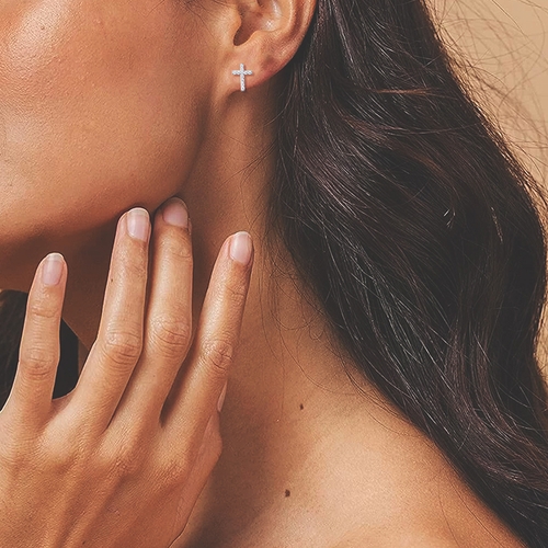 7/16 Inch Sterling Silver Cross Earrings with Cubic Zirconia Stones