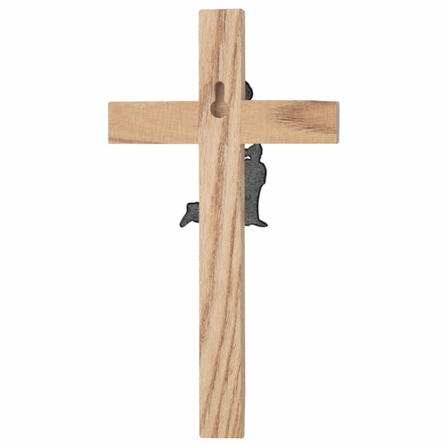 7-3/4 Inch Oak and Screened Brass Cross with Pewter First Communion Boy