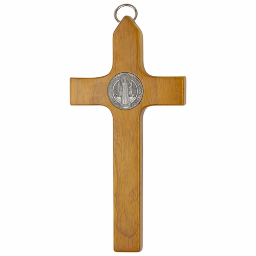 7-3/4 Inch Wood Wall Crucifix with Pewter Corpus and St. Benedict Medallion