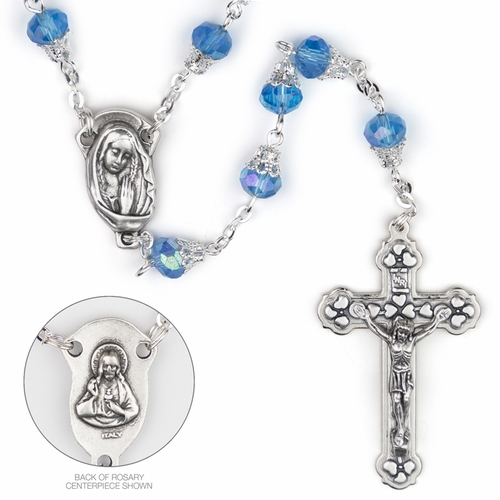 7.5mm Round Capped Aqua Glass Beads Rosary with Crucifix and Madonna Center