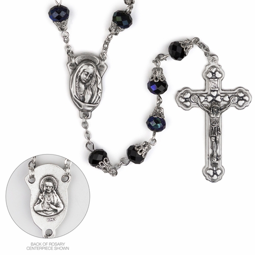 7.5mm Round Capped Black Glass Beads Rosary with Crucifix and Madonna Center