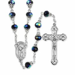 7.5mm Round Capped Black Glass Beads Rosary with Crucifix and Madonna Center