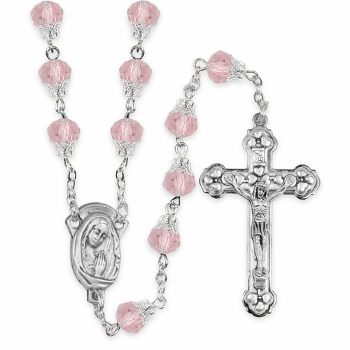 7.5mm Round Capped Rose Glass Beads Rosary with Crucifix and Madonna Center