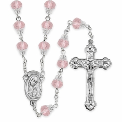 7.5mm Round Capped Rose Glass Beads Rosary with Crucifix and Madonna Center