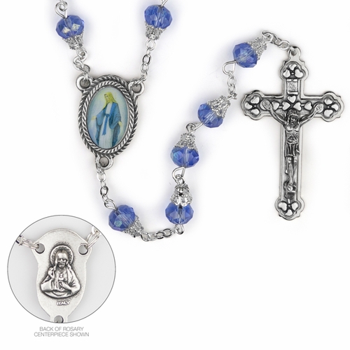7.5mm Round Capped Sapphire Glass Beads Rosary with Crucifix and Miraculous Center