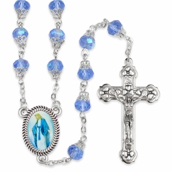 7.5mm Round Capped Sapphire Glass Beads Rosary with Crucifix and Miraculous Center