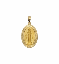 7/8 Inch 14KT Gold Hollow Oval with Polished Border Miraculous Medal