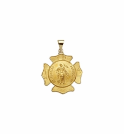 7/8 Inch 14KT Gold Hollow Shield St. Florian Medal, Patron Saint of Firefighters