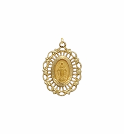 7/8 Inch 14KT Gold Oval with Polished Border Filigree Miraculous Medal