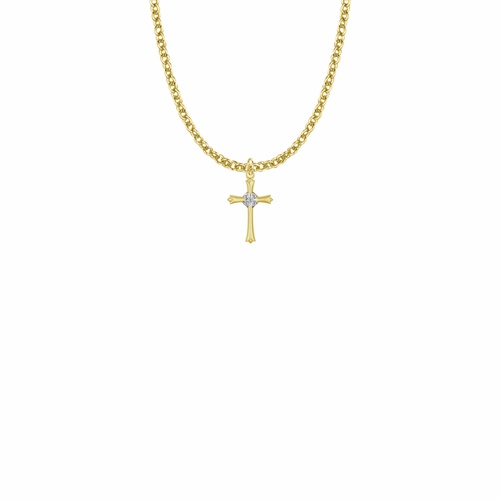 7/8 Inch 18KT Gold Plated Over Sterling Silver Budded Budded Ends Cross Necklace with Cubic Zirconia Stones
