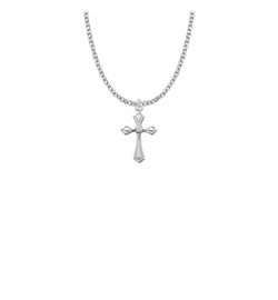 7/8 Inch Sterling Silver Flared and Pointed Ends Cross Necklace with Cubic Zirconia Stone