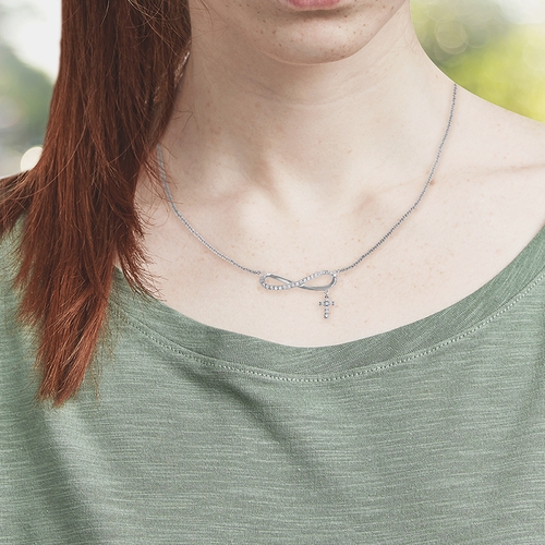 7/8 Inch Sterling Silver Infinity Symbol with Cubic Zirconia Stones and Cross Charm Necklace