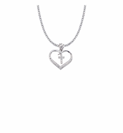 7/8 Inch Sterling Silver Open Heart and Cross  Necklace with Cubic Zirconia Stones