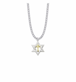 7/8 Inch Sterling Silver Two-Tone Star of David with Cross Necklace