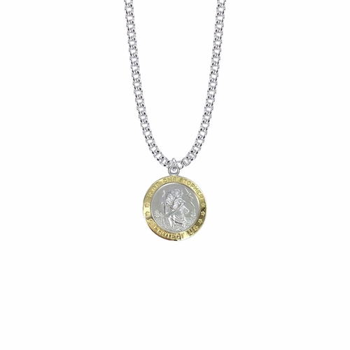 7/8 Inch Two-Tone Sterling Silver St. Christopher Medal, Patron Saint of Travelers