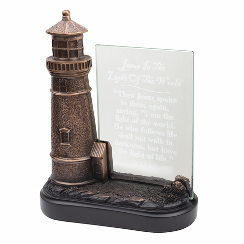 7 Inch Antiqued Bronze Lighthouse with John 8:12 Engraved Glass Table Decor