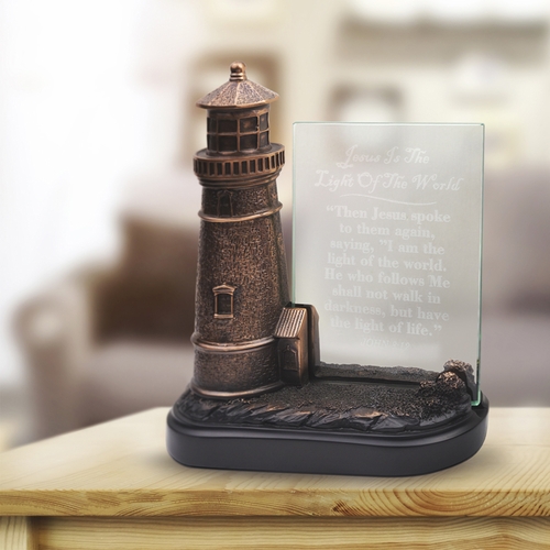 7 Inch Antiqued Bronze Lighthouse with John 8:12 Engraved Glass Table Decor