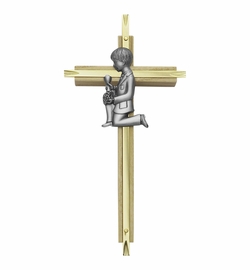7 Inch Brass and Oak Wall Cross with Centered Pewter First Communion Boy