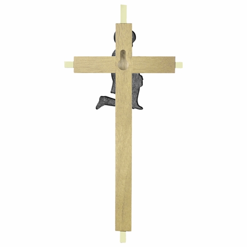 7 Inch Brass and Oak Wall Cross with Centered Pewter First Communion Boy
