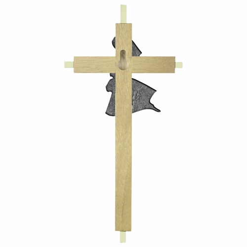 7 Inch Brass and Oak Wall Cross with Centered Pewter First Communion Girl