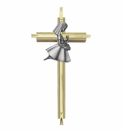 7 Inch Brass and Oak Wall Cross with Centered Pewter First Communion Girl