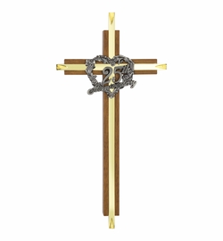 7 Inch Brass and Walnut 25th Wedding Anniversary Wall Cross