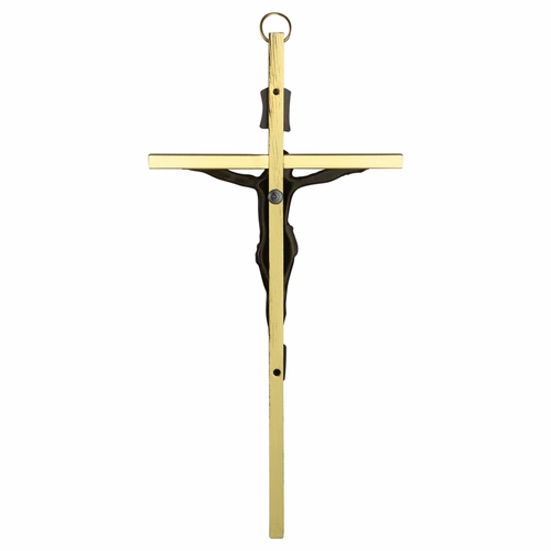 7 Inch Brass Wall Crucifix with Antiqued Gold Pewter Corpus
