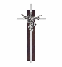 7 Inch Dark Wood and Brass Antiqued Risen Christ Wall Crucifix
