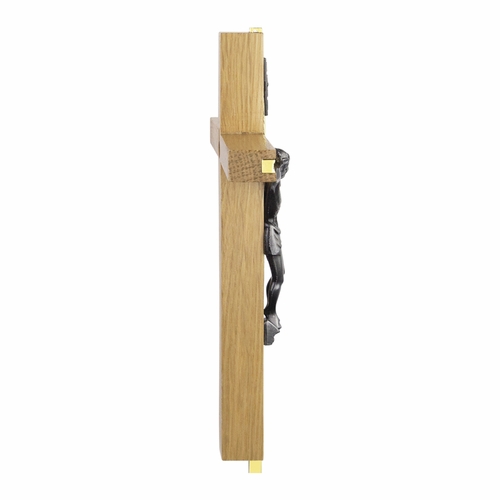 7 Inch Oak Wood and Gold Plated Cross Wall Crucifix with Pewter Christ Corpus