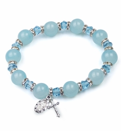 7 Inch Round Aqua Colored Glass Bead Stretch Bracelet with Crucifix and Miraculous Charms