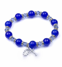 7 Inch Round Blue Colored Glass Bead Stretch Bracelet with Crucifix and Miraculous Charms