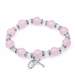 7 Inch Round Pink Colored Glass Bead Stretch Bracelet with Crucifix and Miraculous Charms